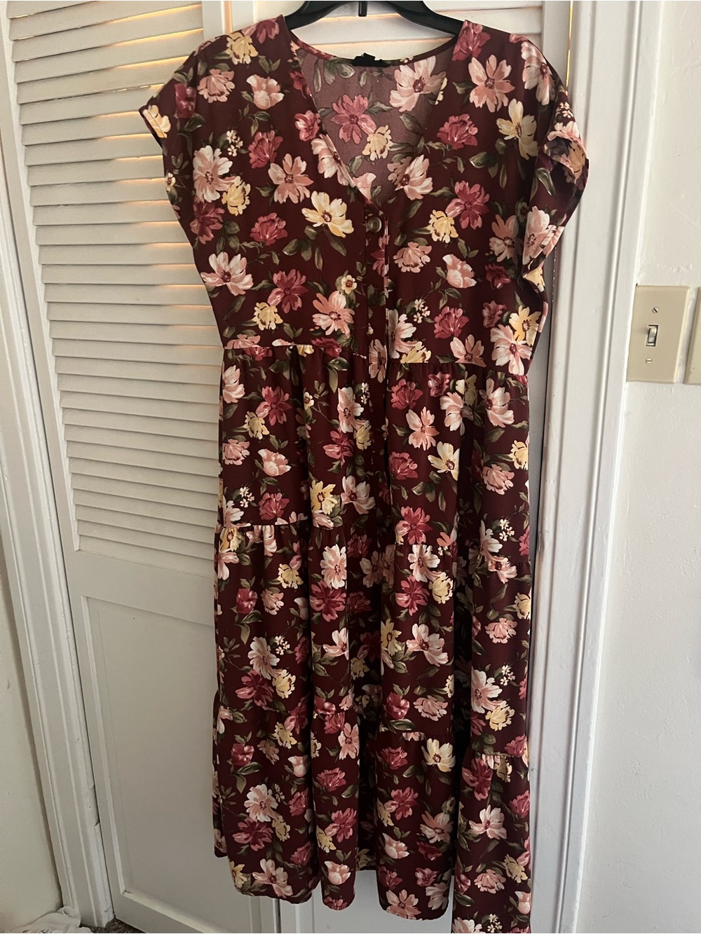 Blu Pepper Burgundy Floral Midi Dress with Pink & Cream Flowers